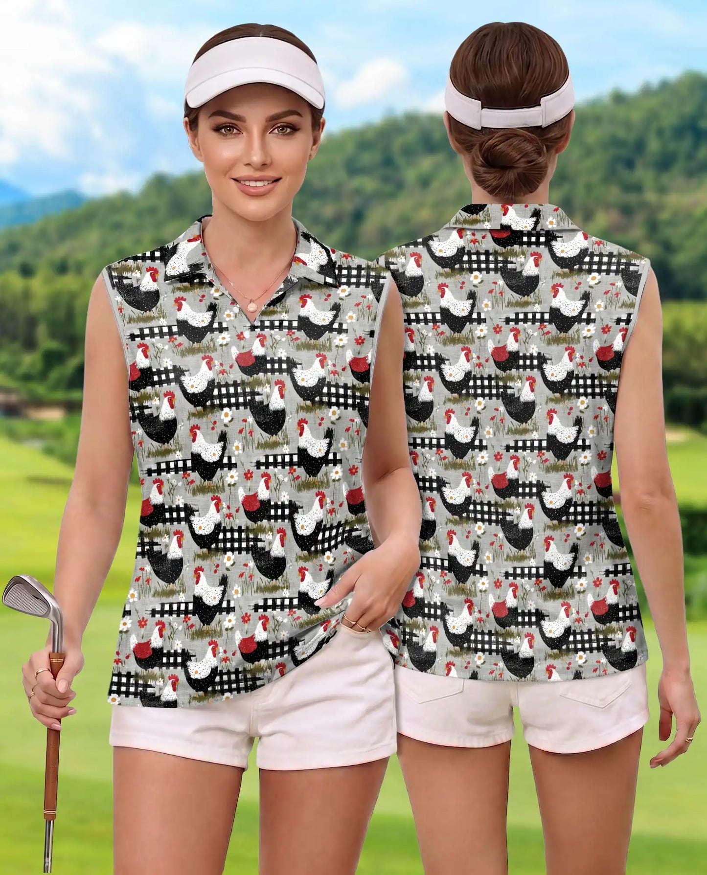 Chicken And Fence Sleeveless Polo Shirt for Women  | Azhawaiian