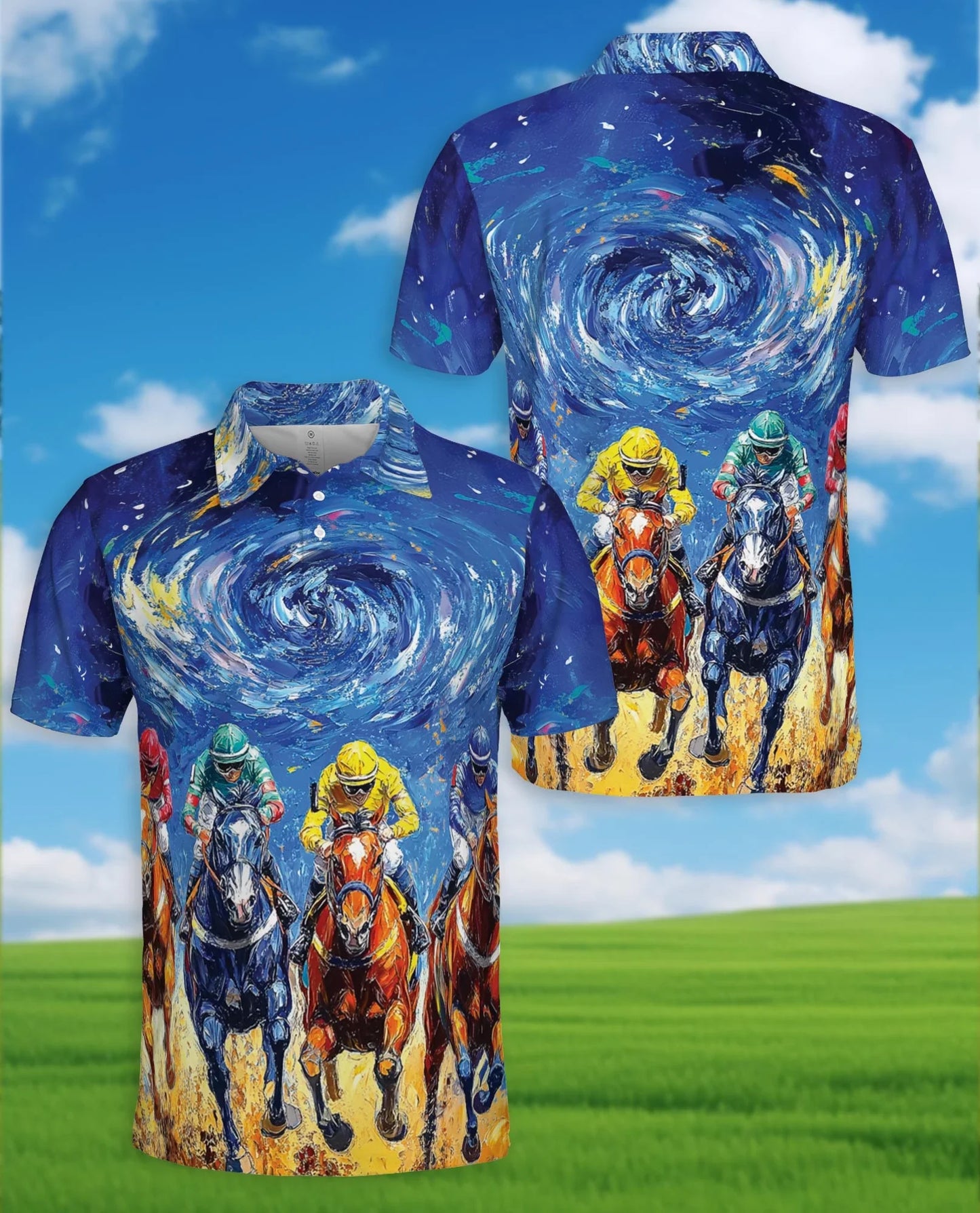 Horse Racing Starry Night Polo Shirt for Men, Artistic Equestrian Style | Azhawaiian