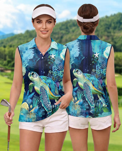 Coral Reef Turtle Pattern Sleeveless Polo Shirt for Women | Azhawaiian