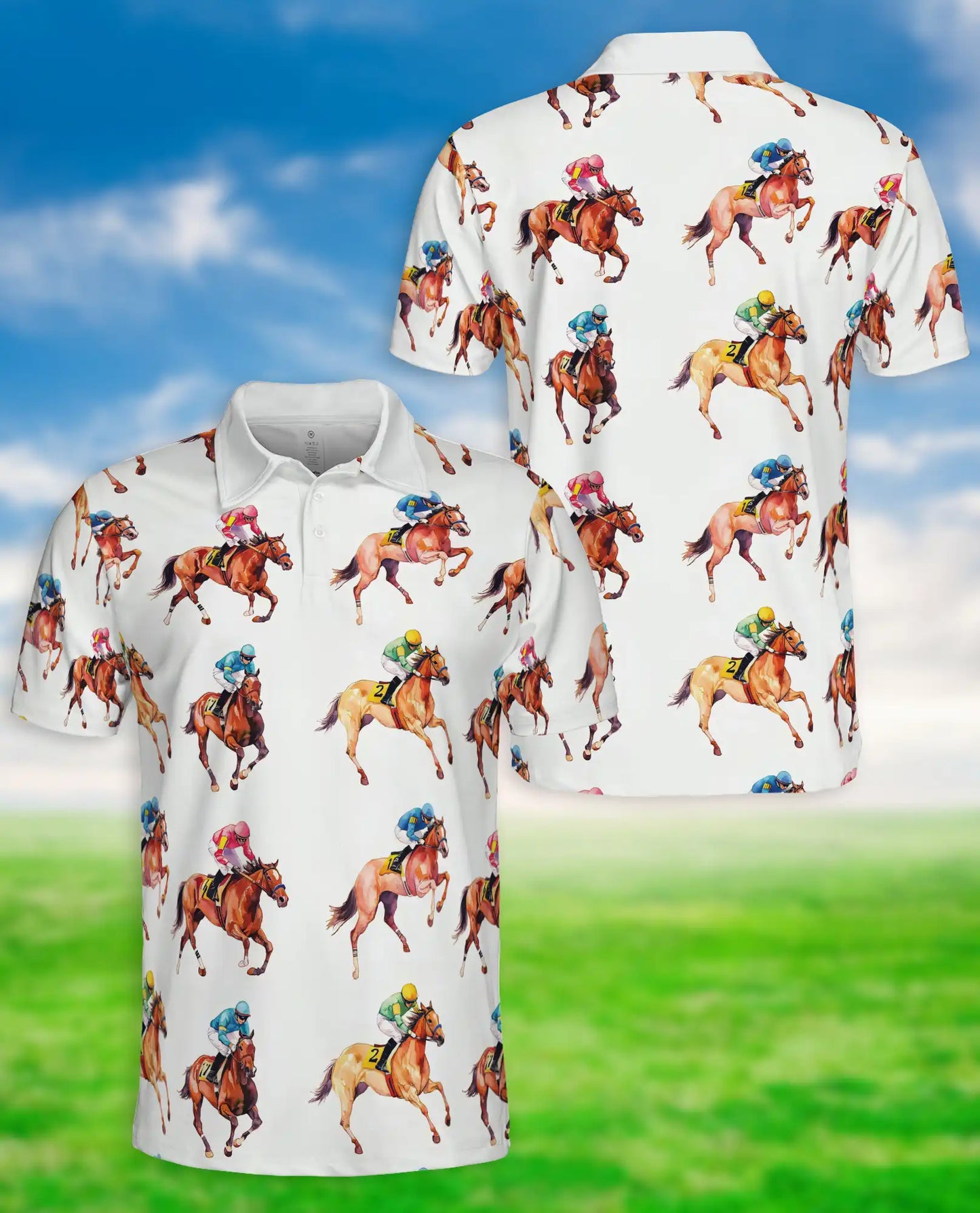 Minimal Horse Racing 3D Polo Shirt for Men, Classic Jockey Derby Style | Azhawaiian
