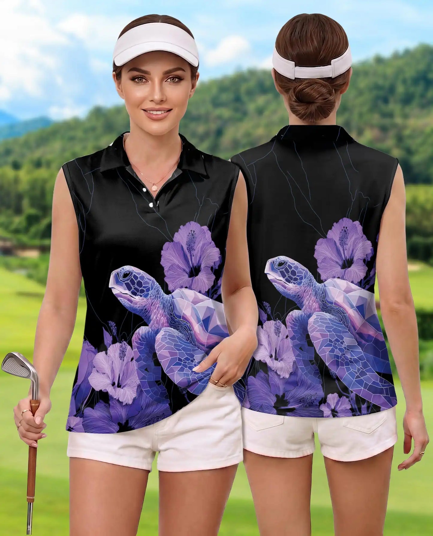 Purple Geometric Sea Turtle Sleeveless Polo Shirt for Women | Azhawaiian