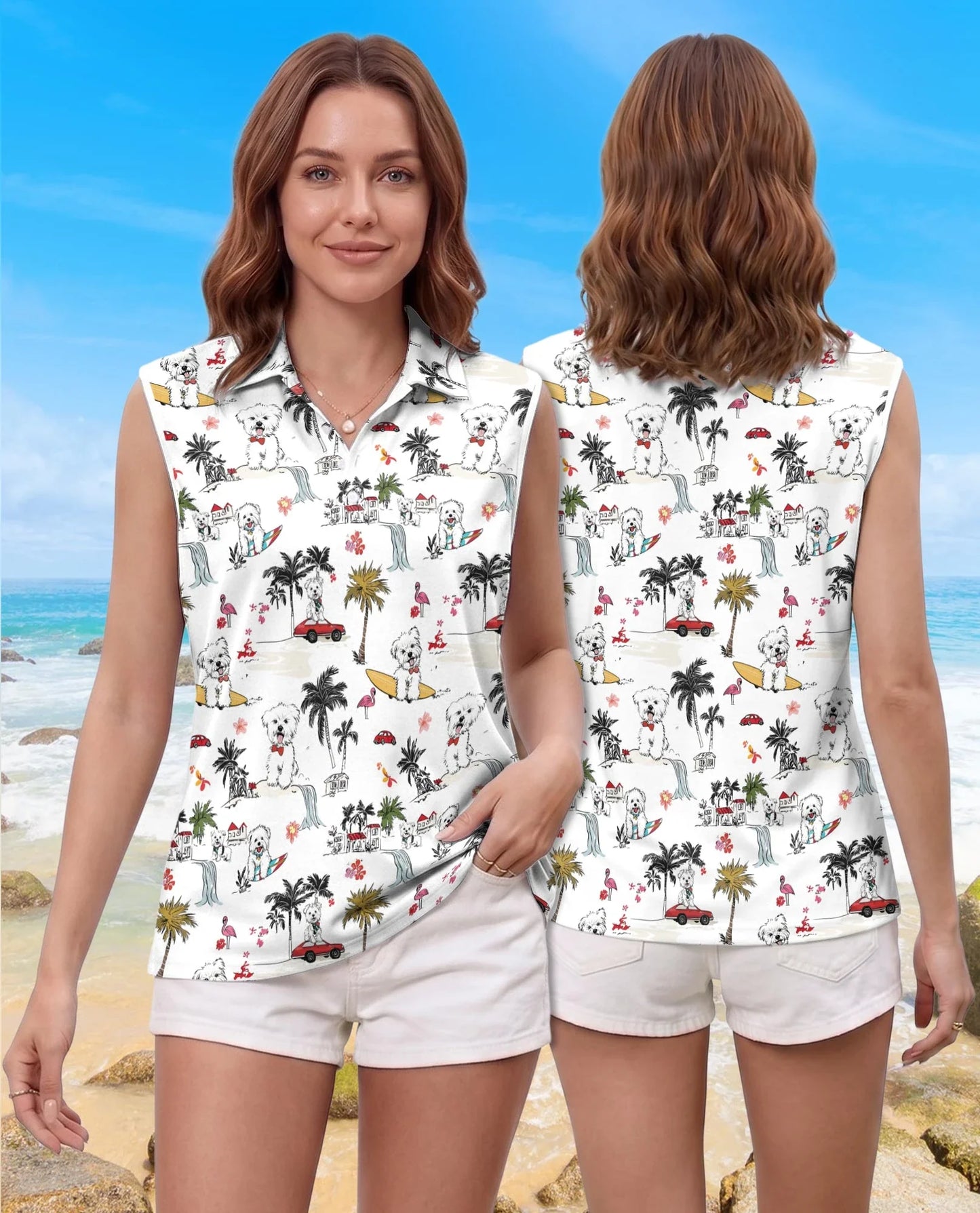Cute White Maltese Dog Sleeveless Polo Shirt for Women | Azhawaiian
