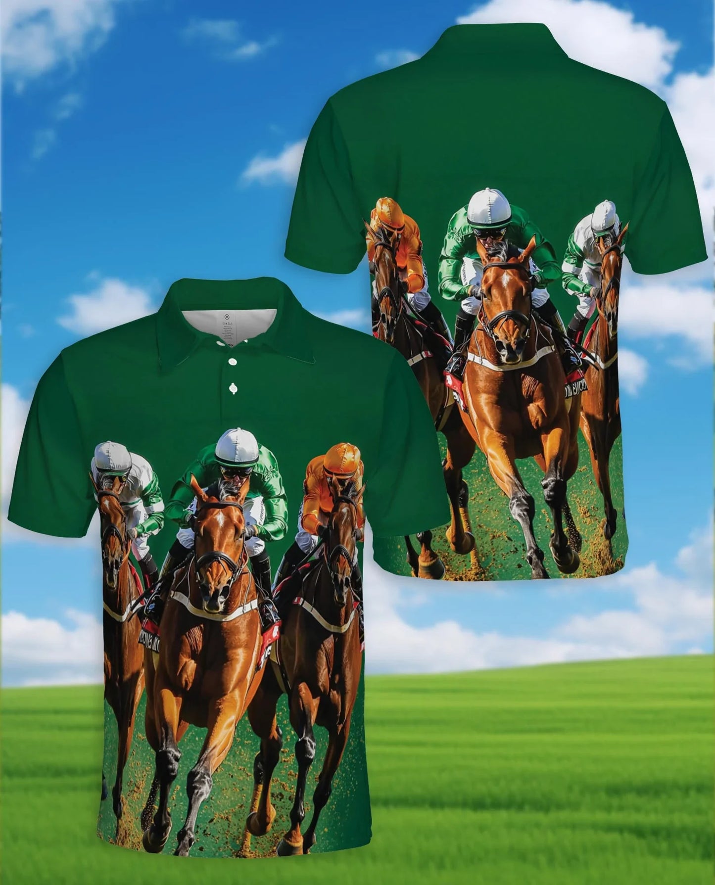 Green Horse Racing Polo Shirt for Men, Equestrian Sport Style | Azhawaiian