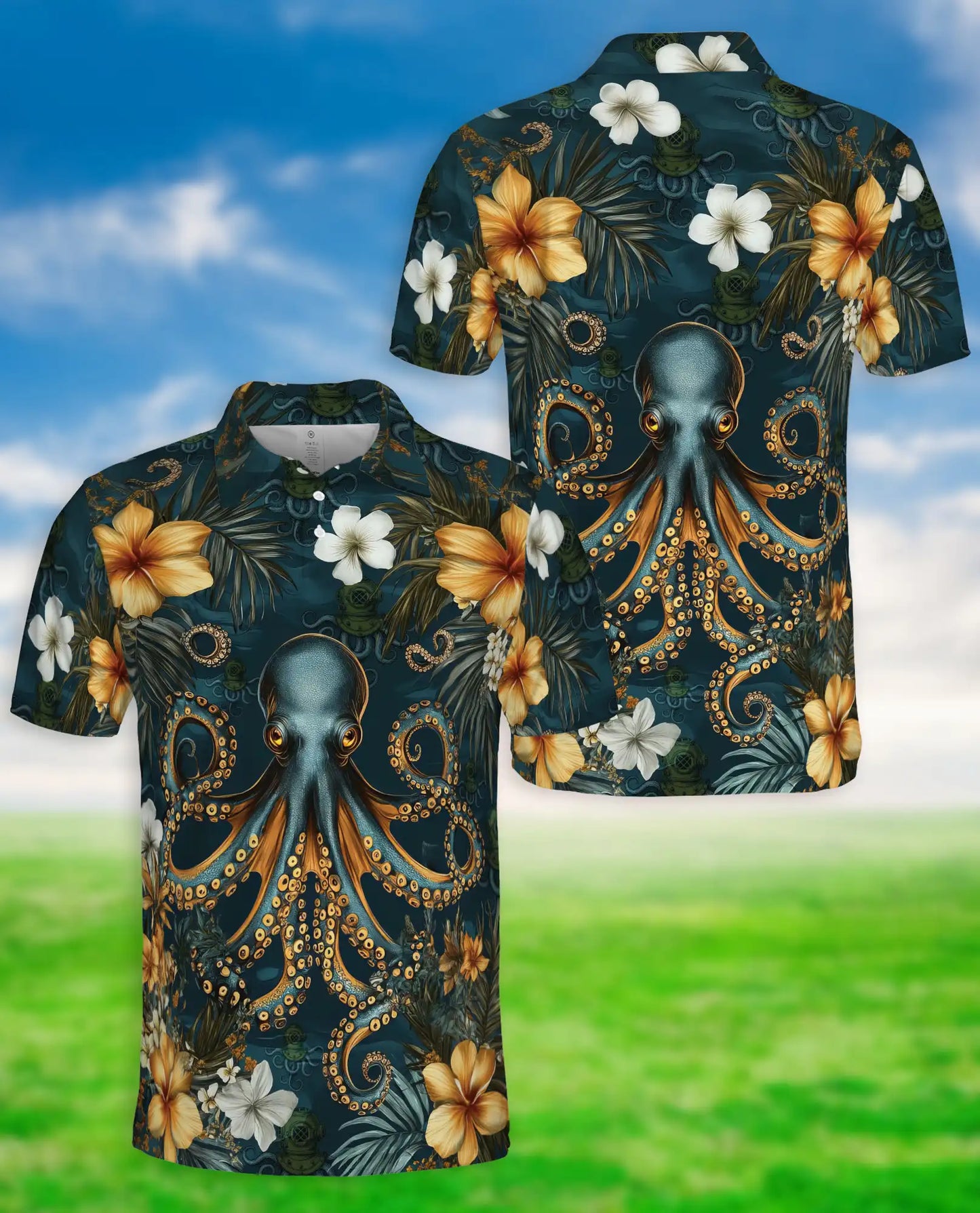 Octopus Polo Shirt for Men-Tropical Ocean Sea Creature Nautical Beach Shirt | Azhawaiian