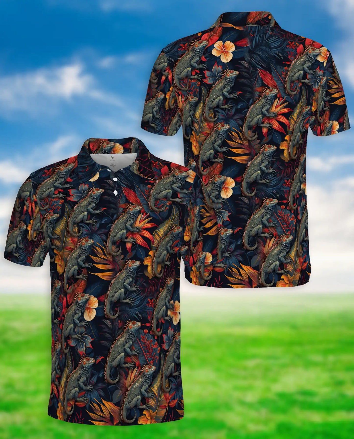 Iguana Tropical 3D Polo Shirt for Men, Reptile Jungle Floral Style | Azhawaiian