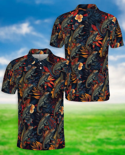 Iguana Tropical 3D Polo Shirt for Men, Reptile Jungle Floral Style | Azhawaiian
