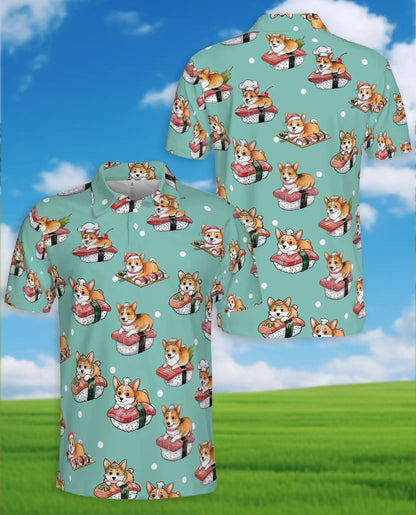 Cute Corgi Sushi Polo Shirt for Men - Funny Japanese Food | Azhawaiian