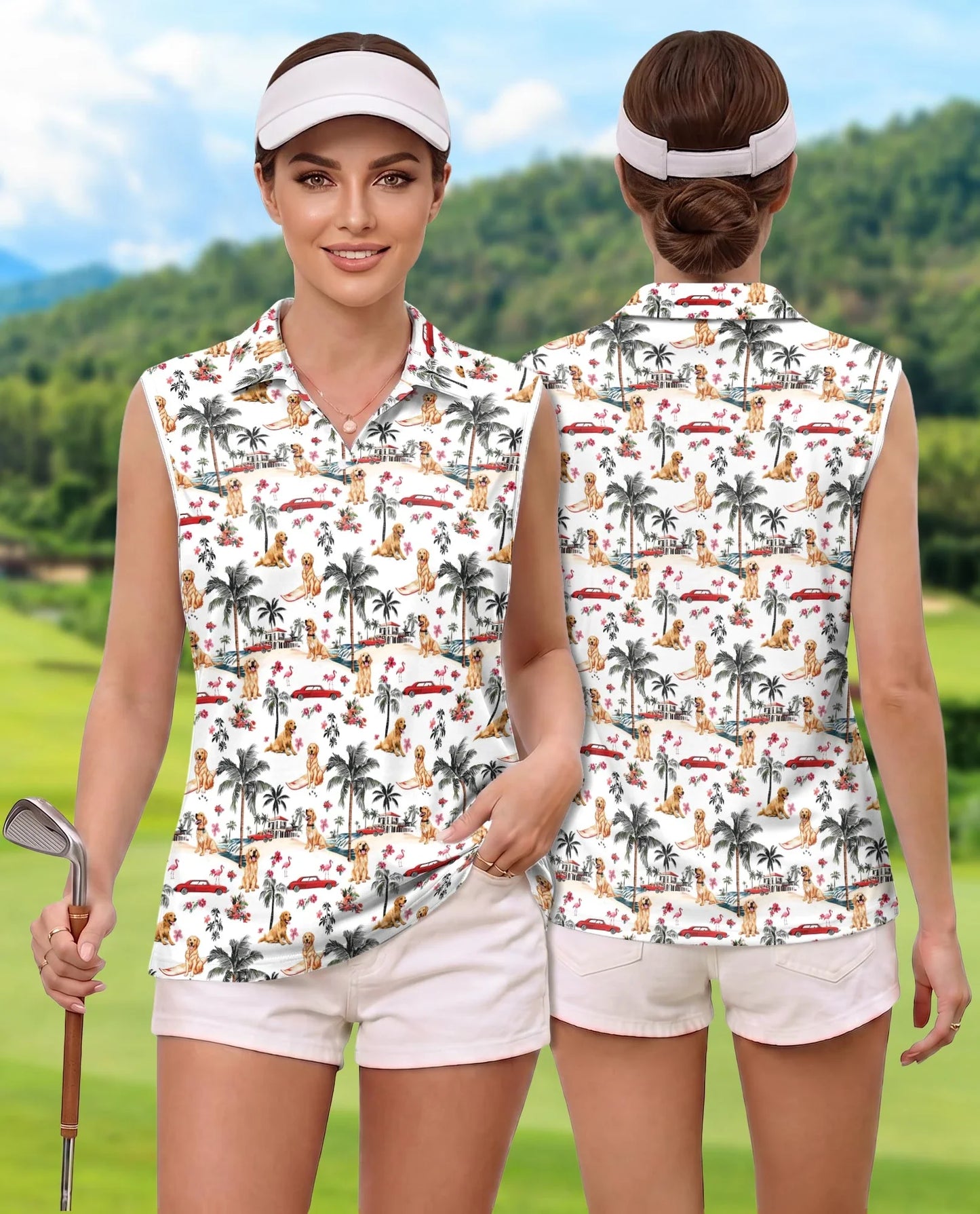 Tropical Dog and Flamingo Pattern Sleeveless Polo Shirt for Women | Azhawaiian