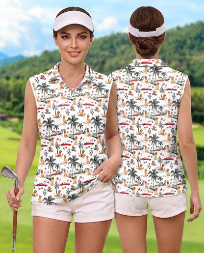 Tropical Dog and Flamingo Pattern Sleeveless Polo Shirt for Women | Azhawaiian