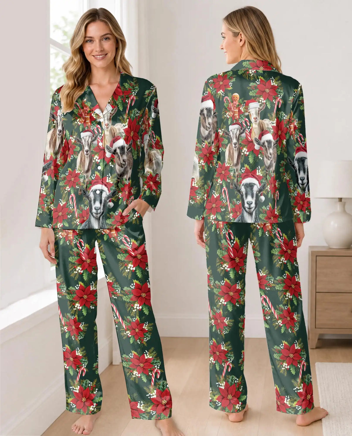 Christmas Goat Pajama Set for Women – Santa Hat & Poinsettia Print