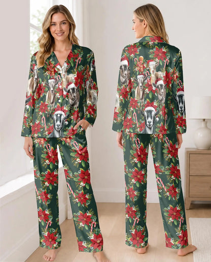 Christmas Goat Pajama Set for Women – Santa Hat & Poinsettia Print