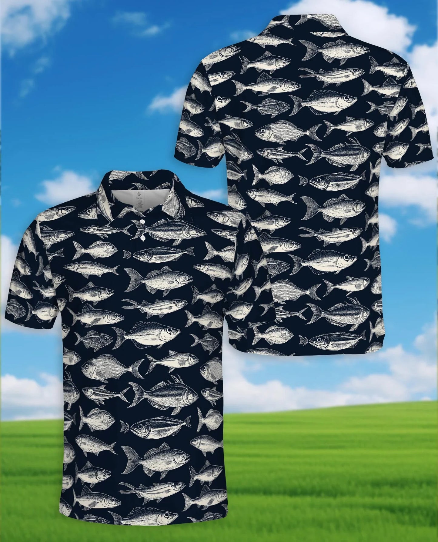 Fish Pattern Polo Shirt for Men, Coastal Ocean Style | Azhawaiian