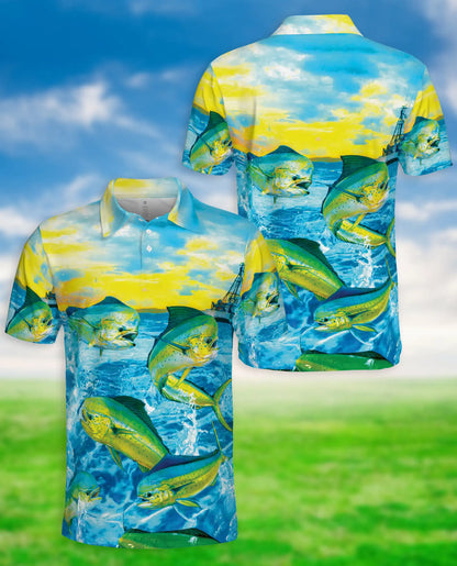 Mahi Mahi Fishing 3D Polo Shirt for Men, Tropical Ocean Angler Style | Azhawaiian