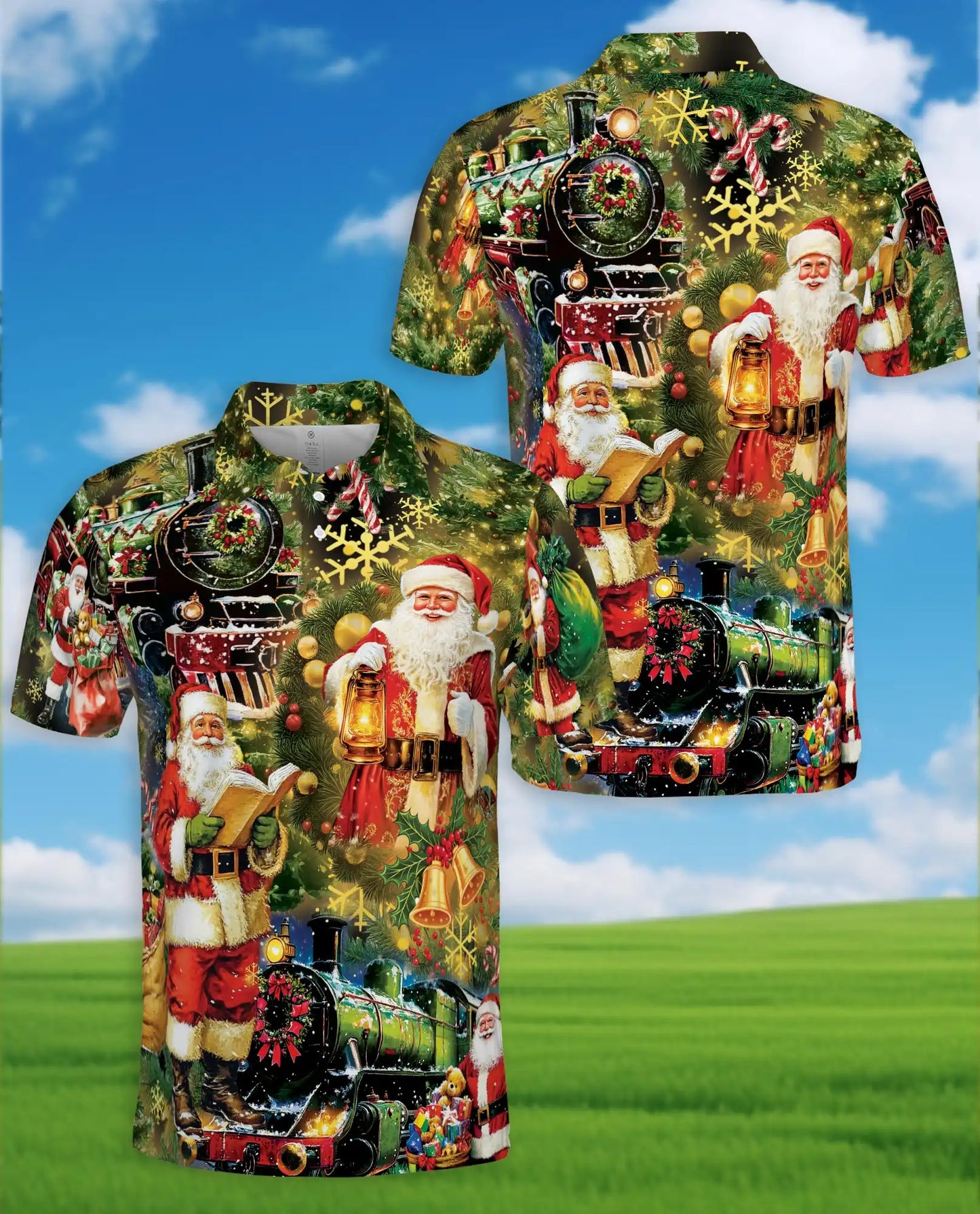 Christmas Train Santa 3D Polo Shirt for Men, Vintage Holiday Winter Style | Azhawaiian