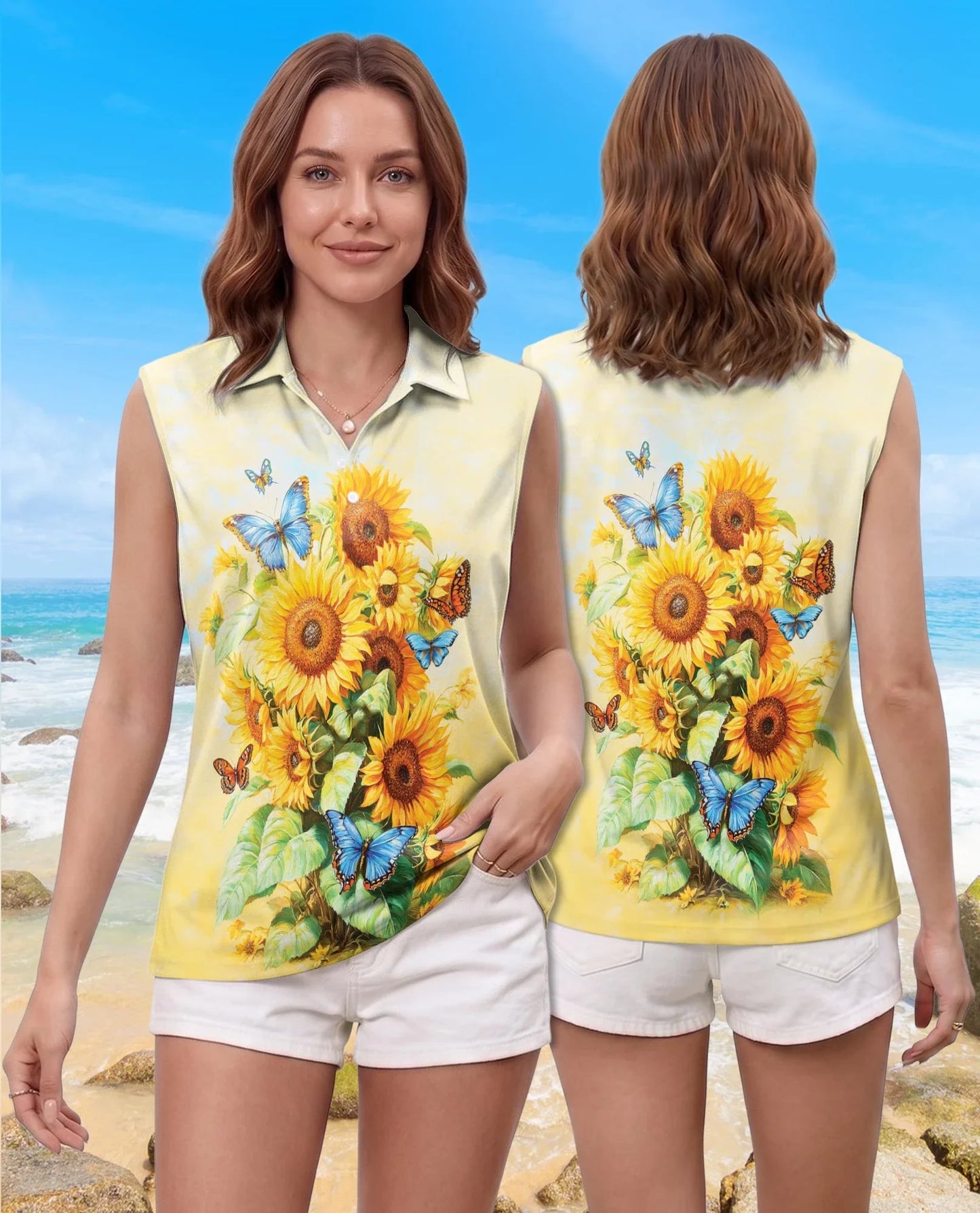 Sunflower Butterfly Sleeveless Polo Shirt for Women | Azhawaiian