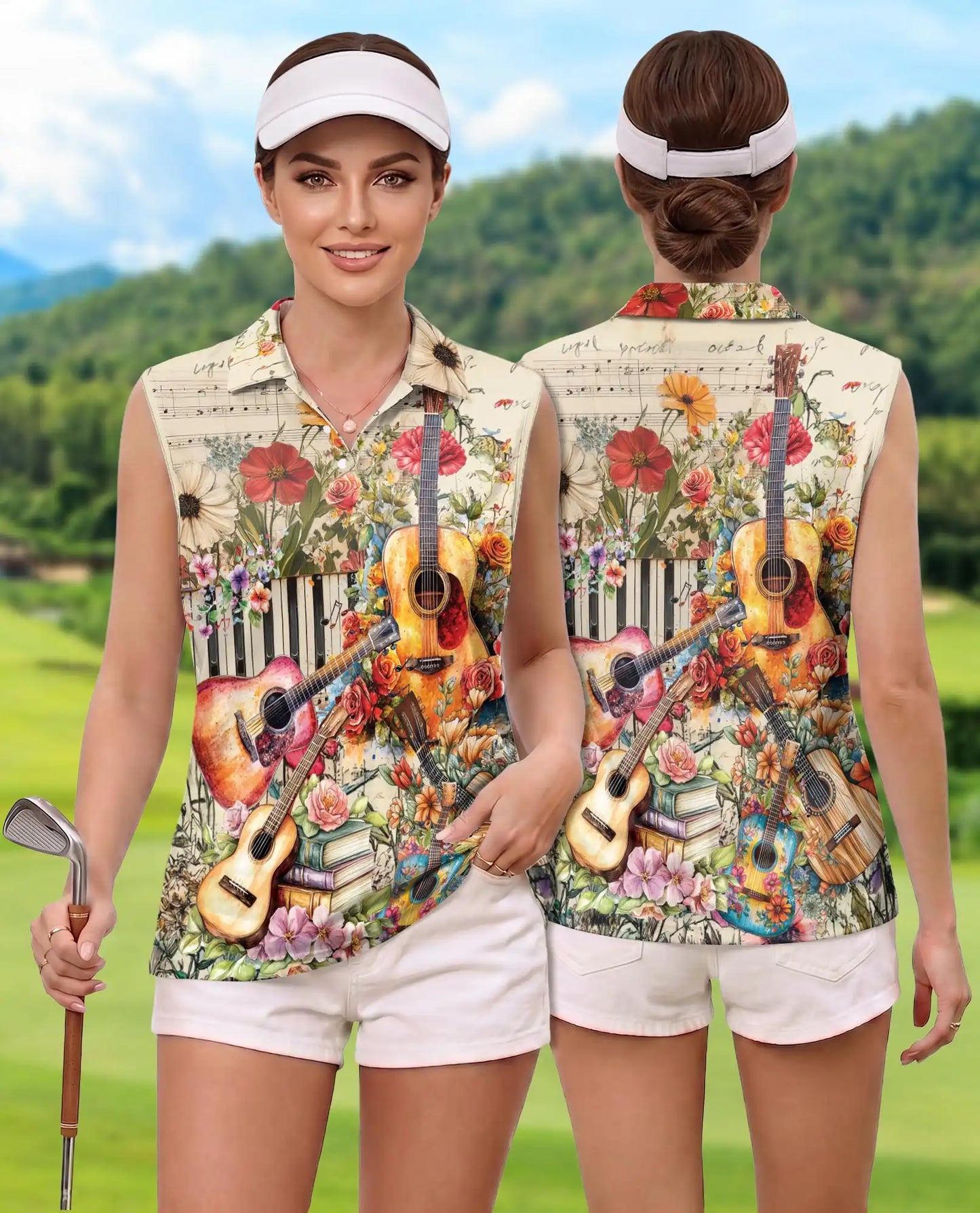 Vintage Flower Ukulele Sleeveless Polo Shirt for Women, Boho Music Style | Azhawaiian