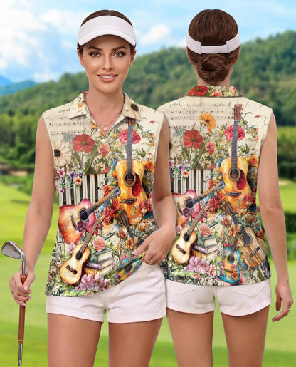 Vintage Flower Ukulele Sleeveless Polo Shirt for Women, Boho Music Style | Azhawaiian