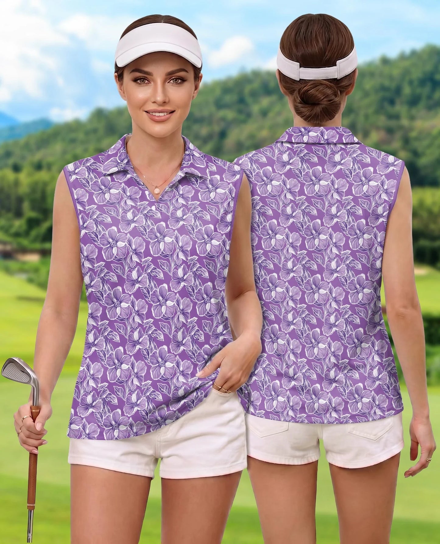 Big Hibiscus Purple Sleeveless Polo Shirt for Women | Azhawaiian