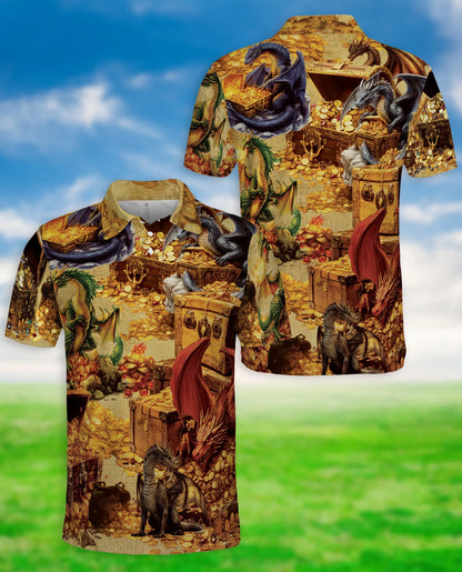 Dragon Treasure 3D Polo Shirt for Men, Fantasy Gold Hoard Style | Azhawaiian