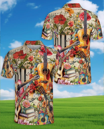 Vintage Flower Ukulele Polo Shirt for Men, Tropical Music Style | Azhawaiian