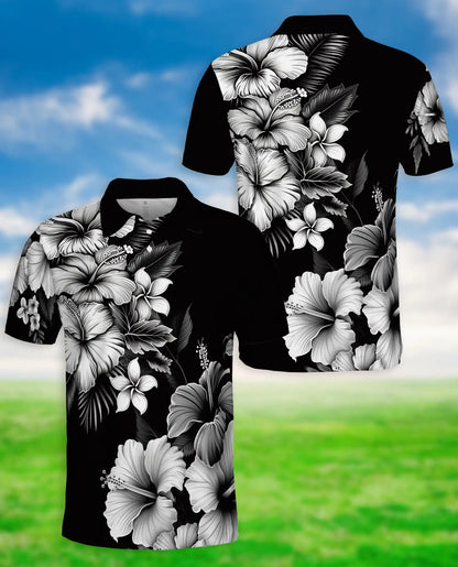 Black White Hibiscus Floral Polo Shirt for Men-Tropical Flower Summer | Azhawaiian