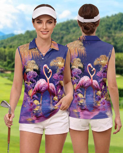 Tropical Pair of Pink Flamingos Sleeveless Polo Shirt for Women | Azhawaiian