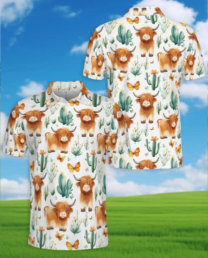 Highland Cow Polo Shirt - Cute Cactus Western Farm Style | Azhawaiian