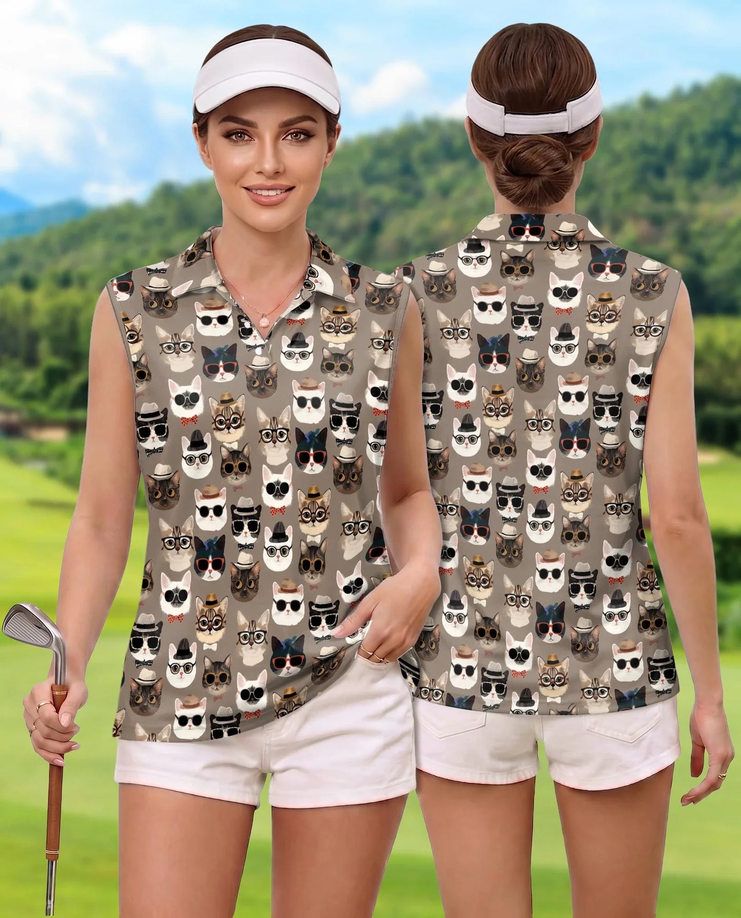 Fashion Cats Sleeveless Polo Shirt for Women, Stylish Cat Lover Style | Azhawaiian