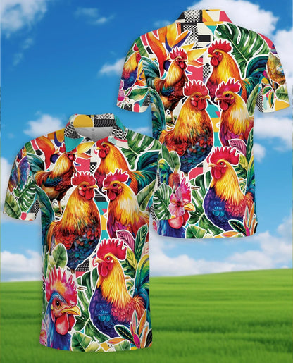 Tropical Rooster Polo Shirt for Men, Colorful Farm Animal Style | Azhawaiian