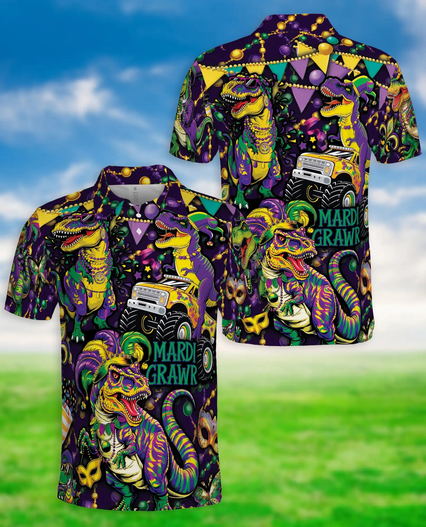 Mardi Grawr Dinosaur Polo Shirt for Men-Funny Mardi Gras T Rex Carnival Party Shirt | Azhawaiian