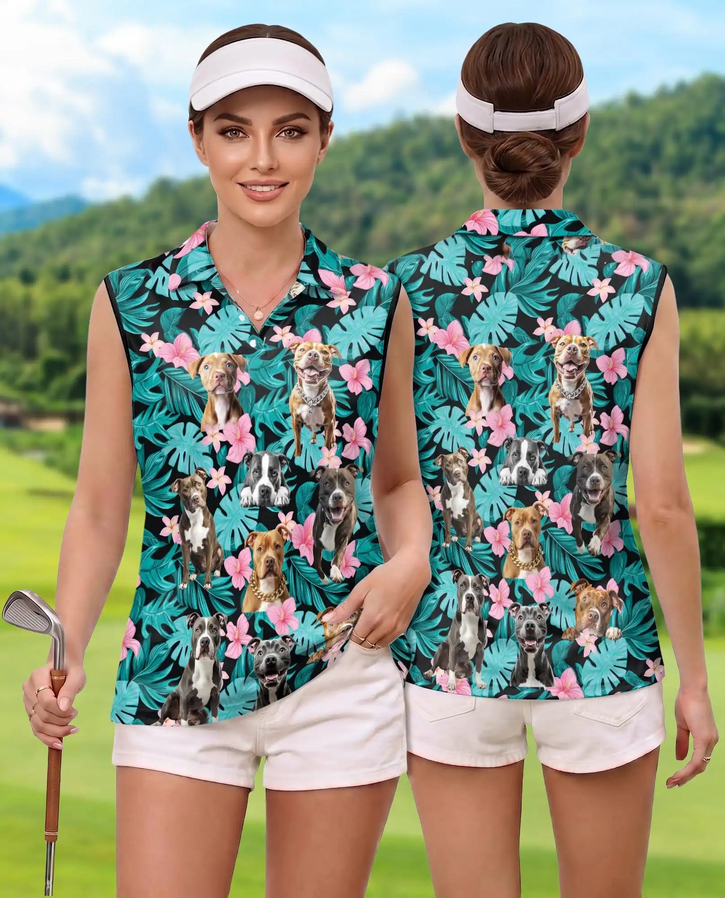 Tropical Pitbull Sleeveless Polo Shirt for Women, Cute Dog Summer Style | Azhawaiian