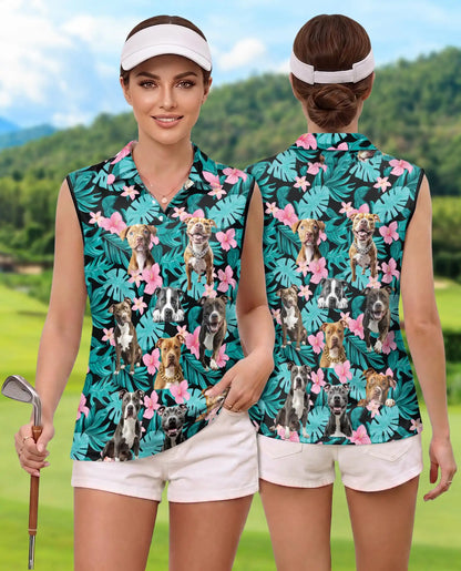 Tropical Pitbull Sleeveless Polo Shirt for Women, Cute Dog Summer Style | Azhawaiian