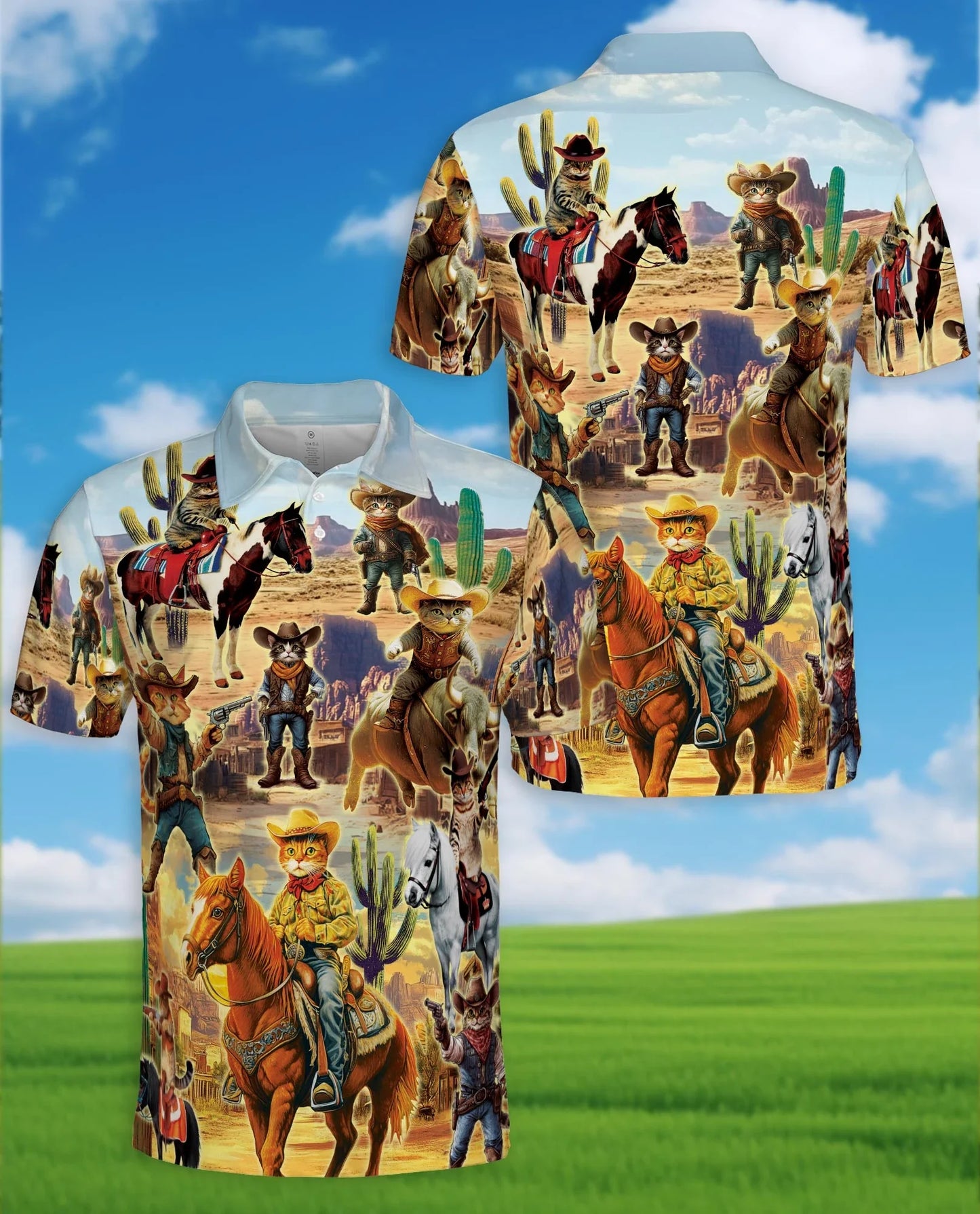 Vintage Desert Cowboy Cats Polo Shirt for Men, Western Animal Style | Azhawaiian