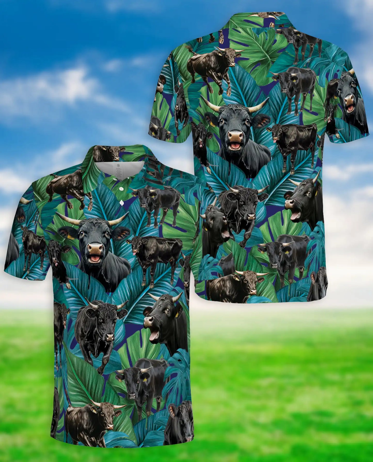 Tropical Black Bull Polo Shirt - Ranch Cattle Island Style | Azhawaiian