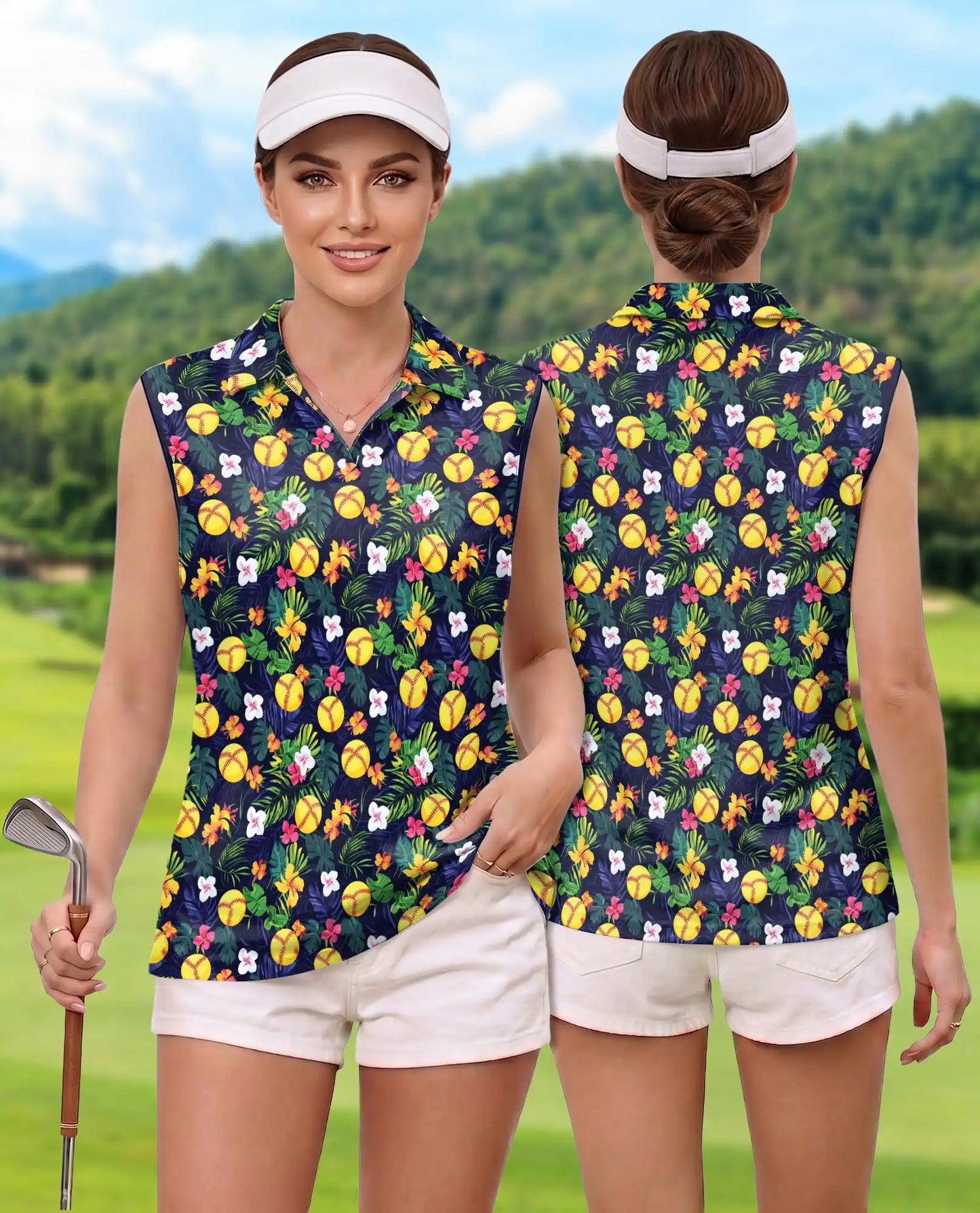 Softball Simple Floral Sleeveless Polo Shirt for Women, Sporty Flower Style | Azhawaiian