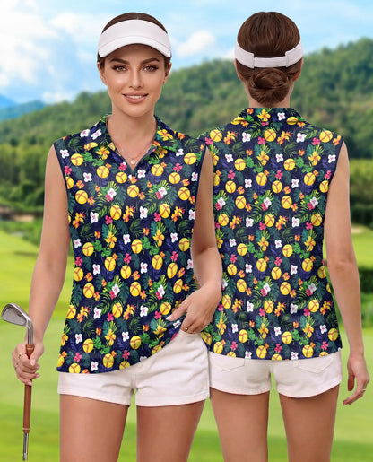 Softball Simple Floral Sleeveless Polo Shirt for Women, Sporty Flower Style | Azhawaiian
