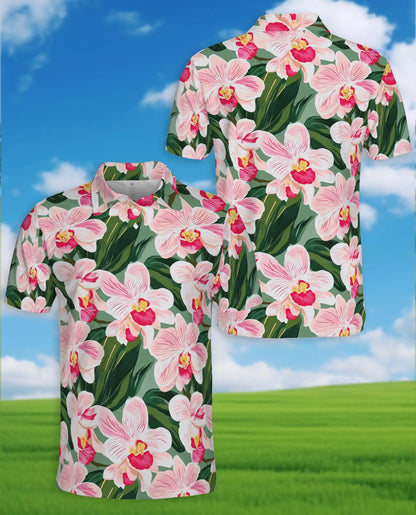 Pink Orchid Polo Shirt for Men, Tropical Floral Style | Azhawaiian