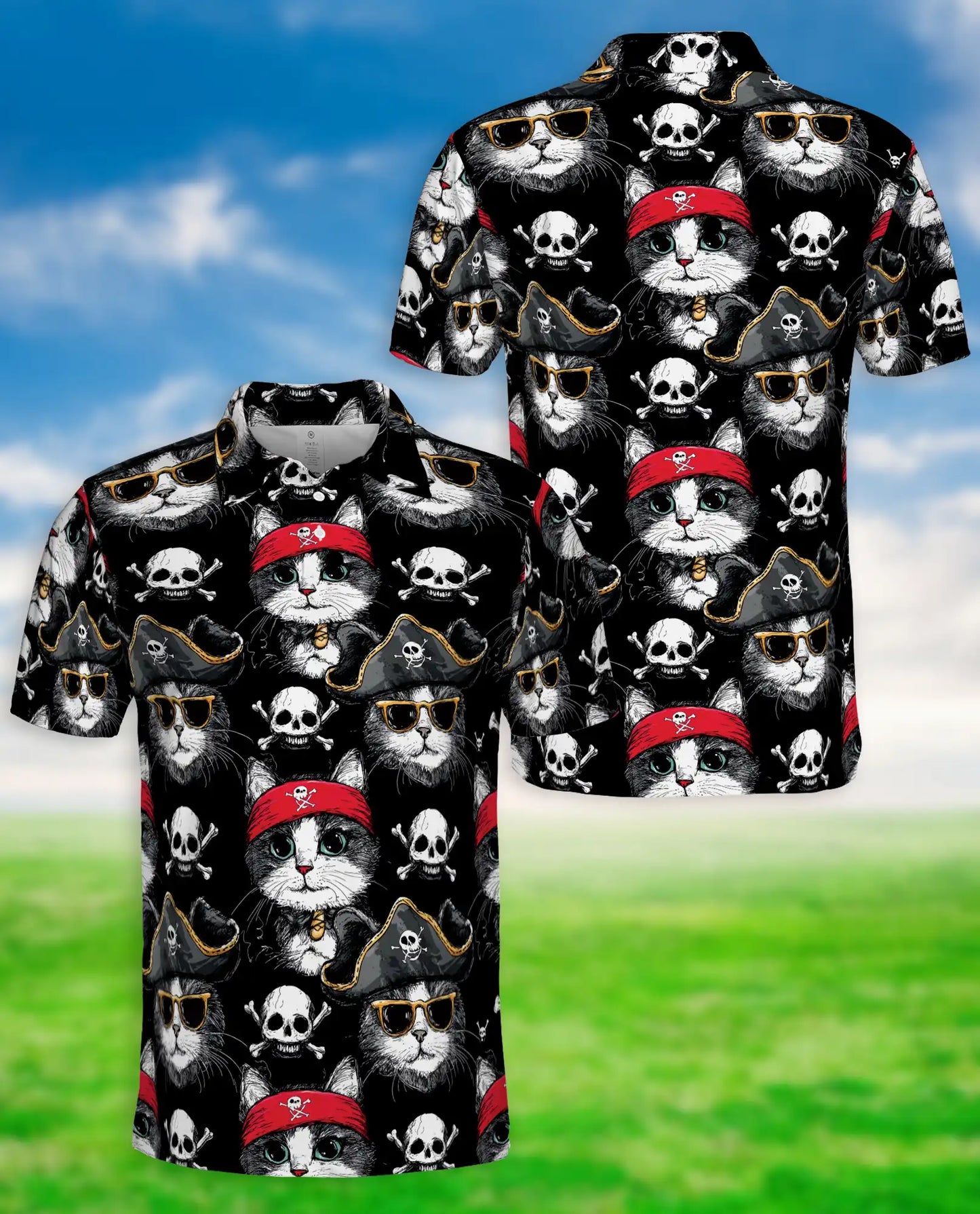 Pirate Cat 3D Polo Shirt for Men, Funny Skull Kitty Style | Azhawaiian