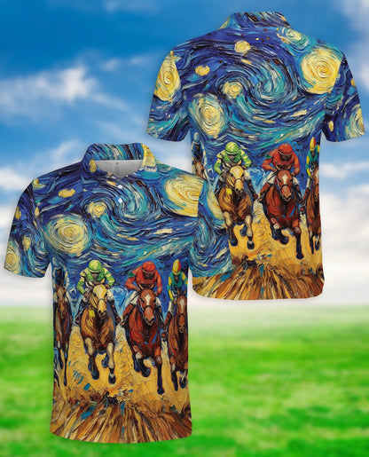 Starry Night Horse Racing 3D Polo Shirt for Men, Artistic Jockey Derby Style | Azhawaiian