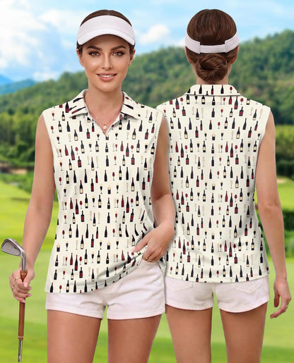 Wine Bottle And Glass Print Sleeveless Polo Shirt for Women | Azhawaiian