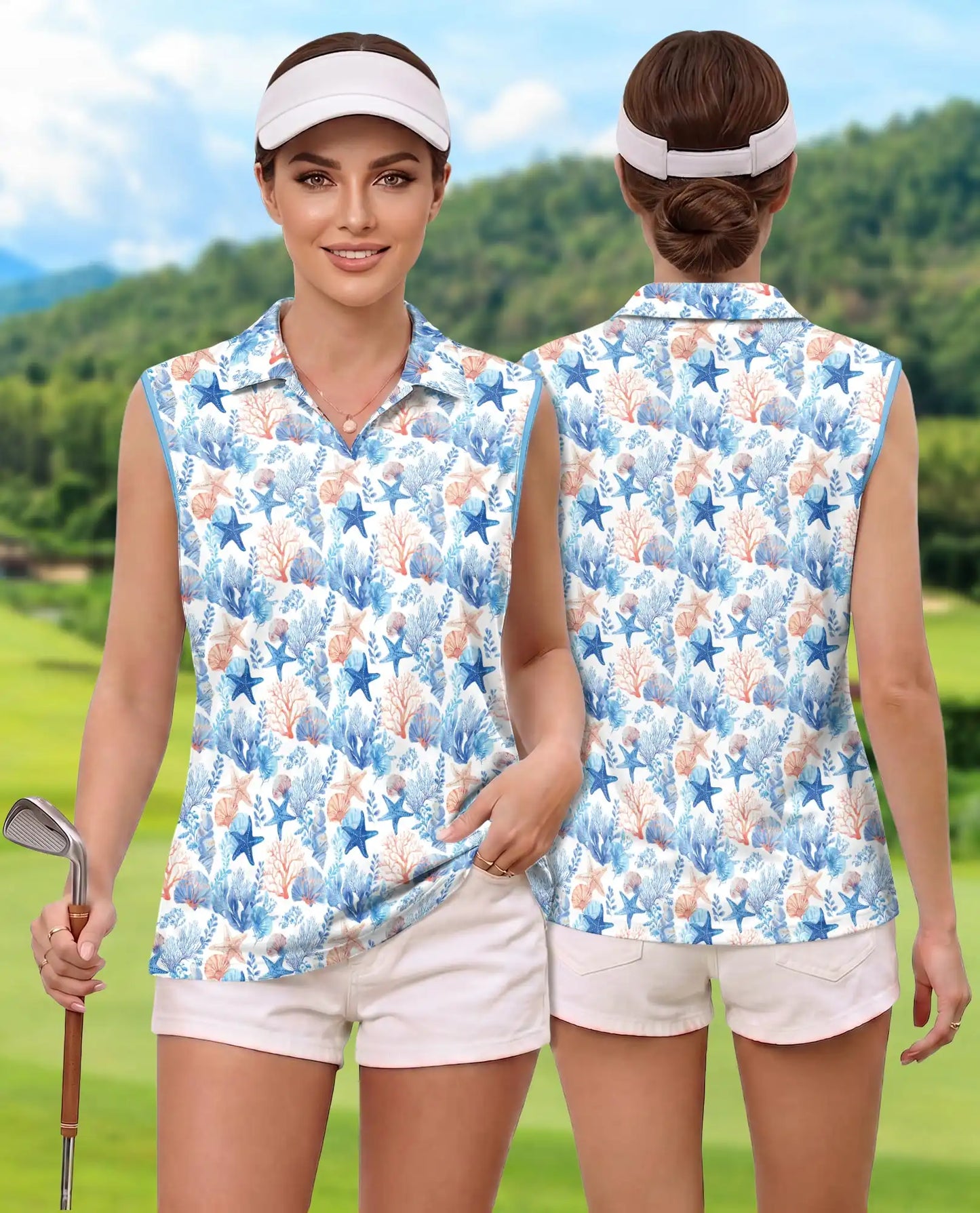 Starfish And Coral Sleeveless Polo Shirt for Women, Ocean Tropical Style | Azhawaiian