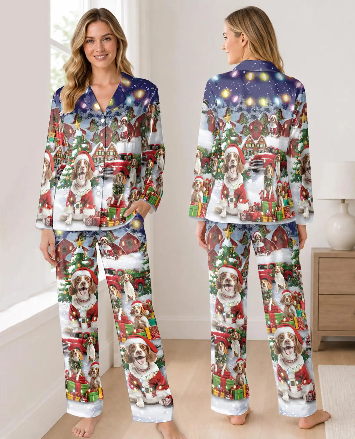 Christmas Santa Dog Pajama Set for Women – Snowy Red Truck Print