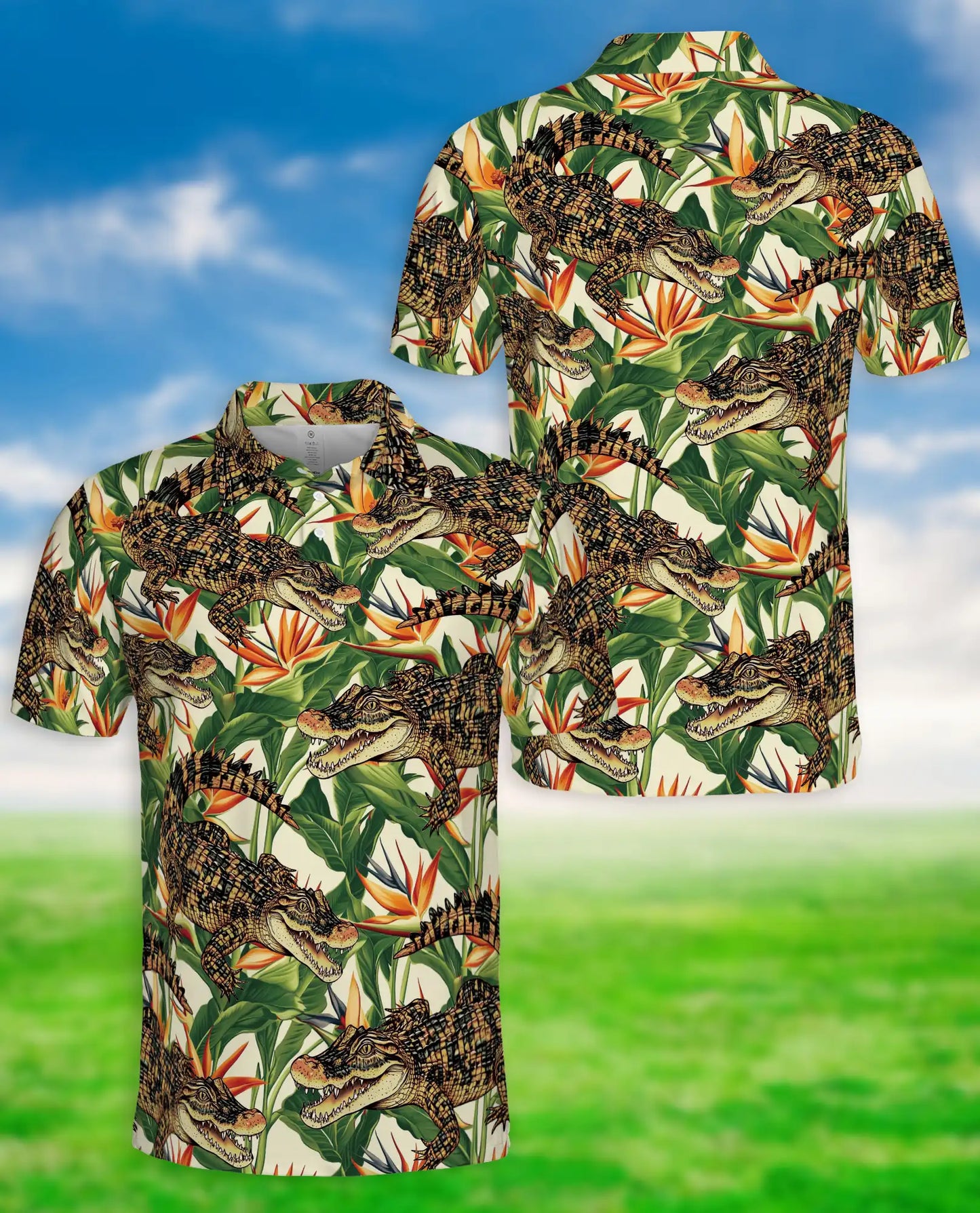 Alligator Hawaiian 3D Polo Shirt for Men, Tropical Crocodile Jungle Style | Azhawaiian