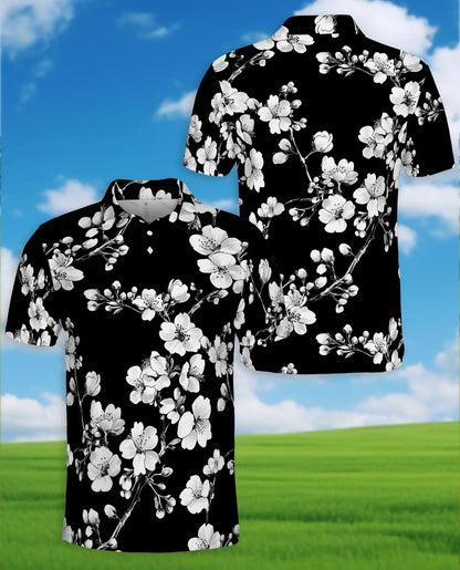 Monochrome Cherry Blossom Polo Shirt - Elegant Floral Style | Azhawaiian