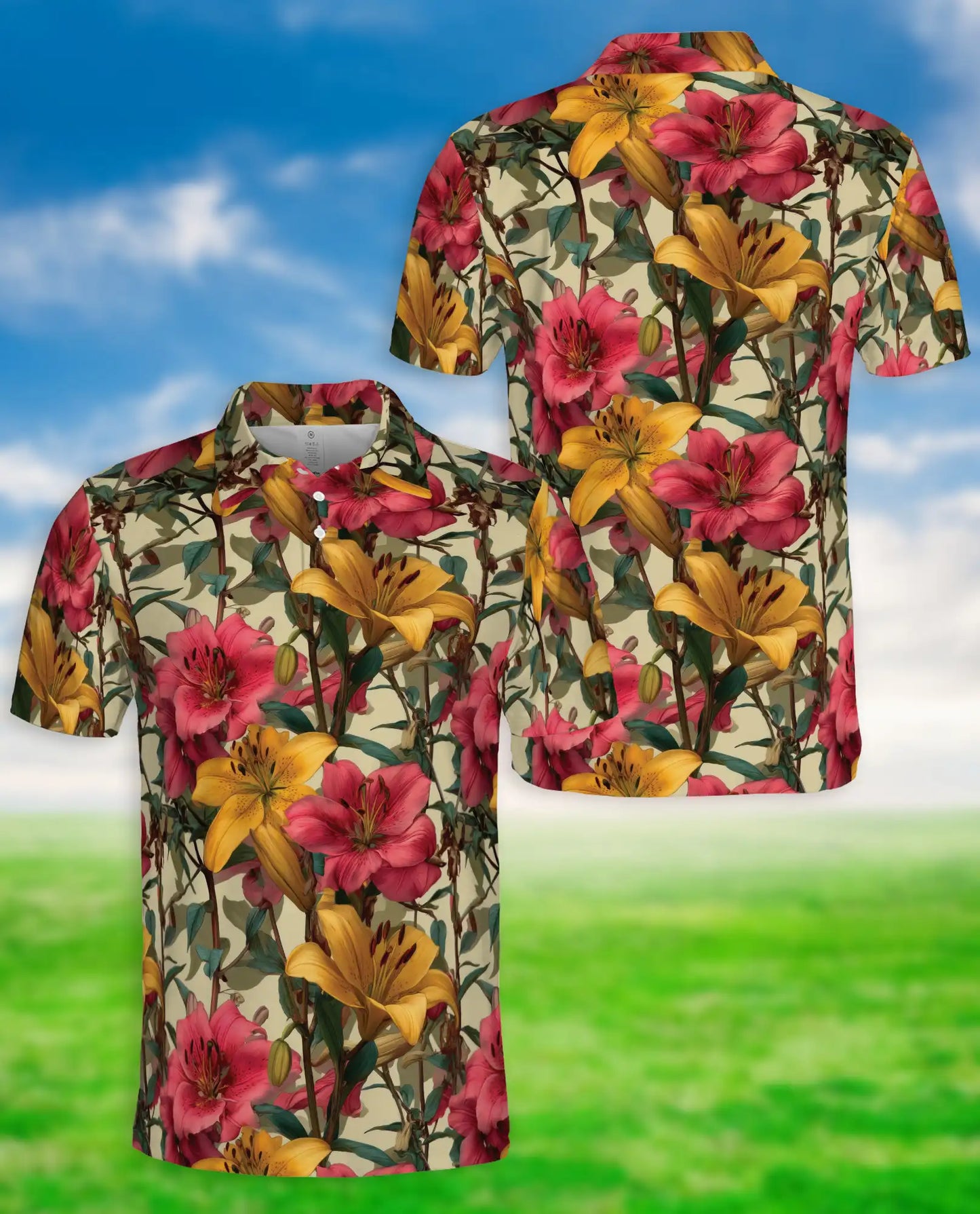 Vintage Lily Garden Floral Polo Shirt-Botanical Flower Pattern Design | Azhawaiian