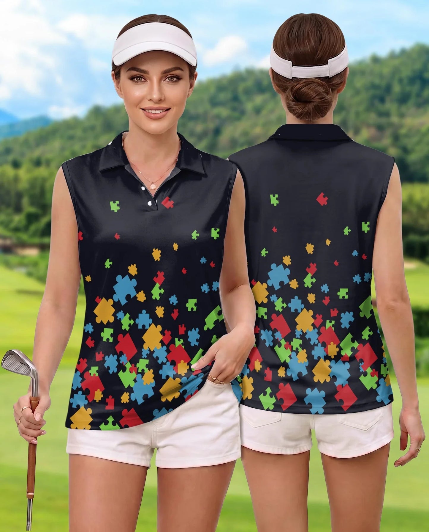 Colorful Autism Awareness Sleeveless Polo Shirt for Women, Support Style | Azhawaiian