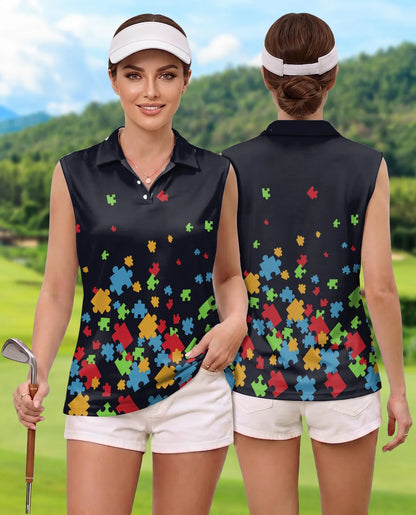 Colorful Autism Awareness Sleeveless Polo Shirt for Women, Support Style | Azhawaiian