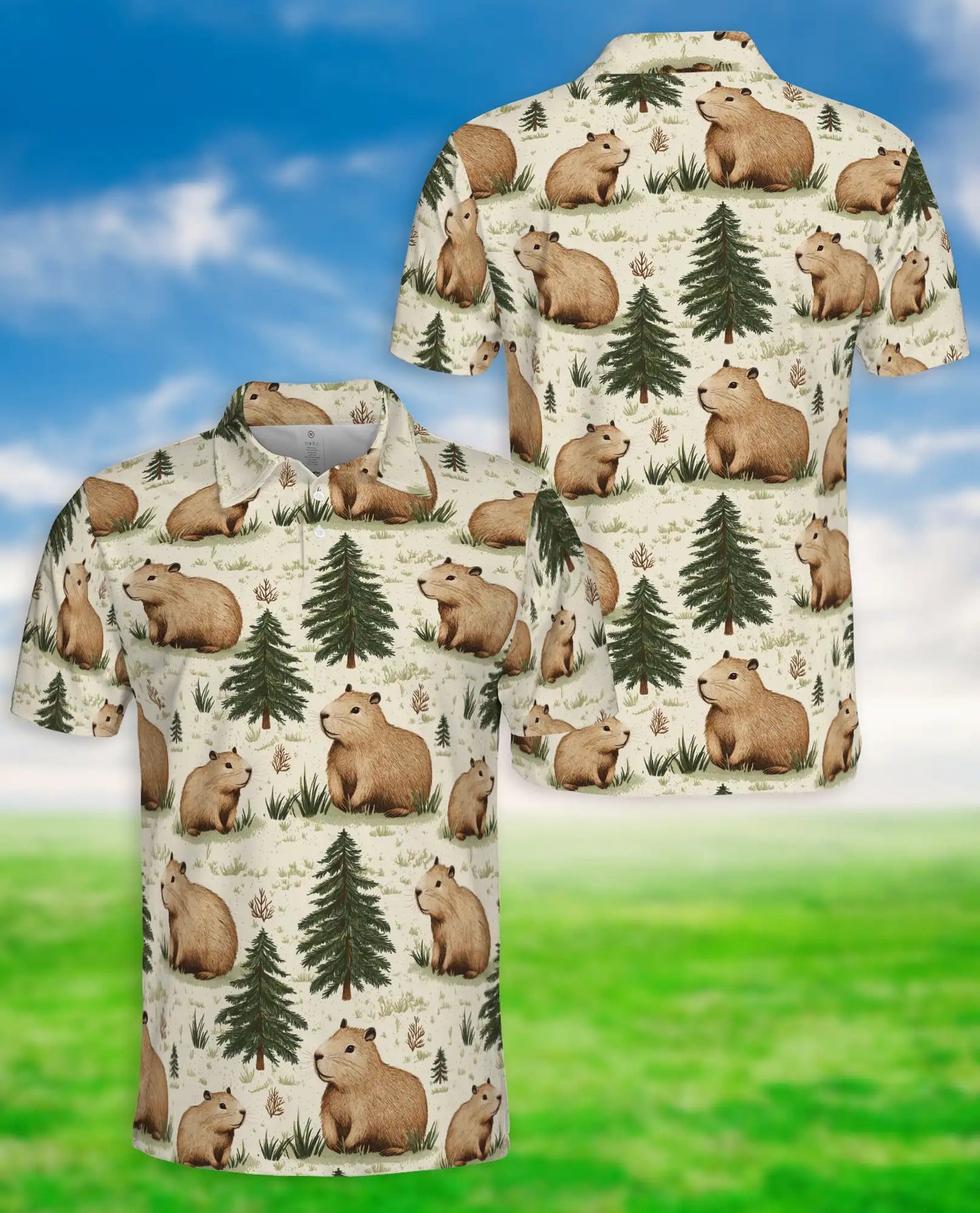Capybara Forest 3D Polo Shirt for Men, Cute Woodland Animal Style | Azhawaiian