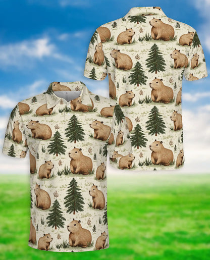 Capybara Forest 3D Polo Shirt for Men, Cute Woodland Animal Style | Azhawaiian