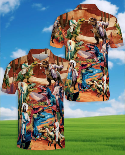 Jesus Riding Dinosaur Polo Shirt for Men, Funny Faith Fantasy Style | Azhawaiian